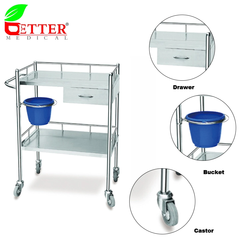 Medical Products 2 Shelves Stainless Steel Nursing Trolley with Drawer